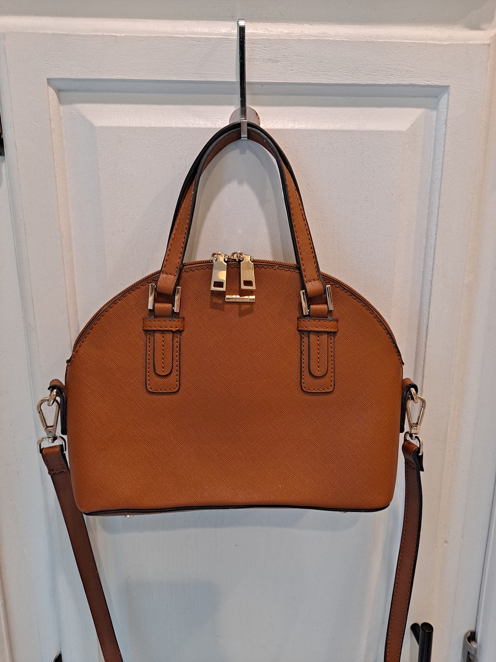 Lovevook Structured Tan Dome Satchel Saffiano Vegan Handbag with Gold Hardware